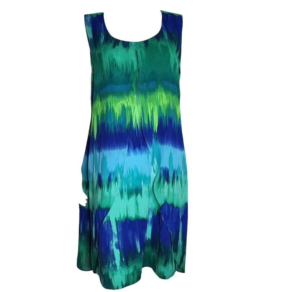 NY Collection Dress Womens Size XL Green‎ Blue Sleeveless Sheer Flowy Beachy